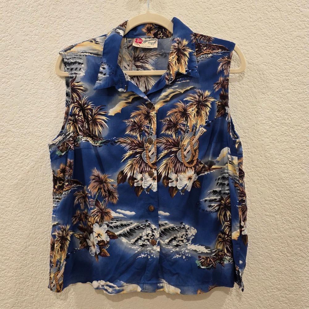 VTG Hilo Hattie The Hawaiian Original Blue Tropical Sleeveless Button Up Top L